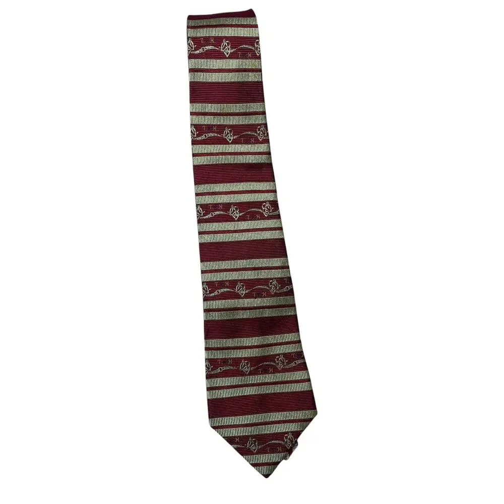 Tommy Hilfiger Burgundy Gold Striped Necktie‎ 100% Italian Silk USA Made